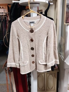 Curio Beige Knit Button-Front Sweater with White Trim NWOT